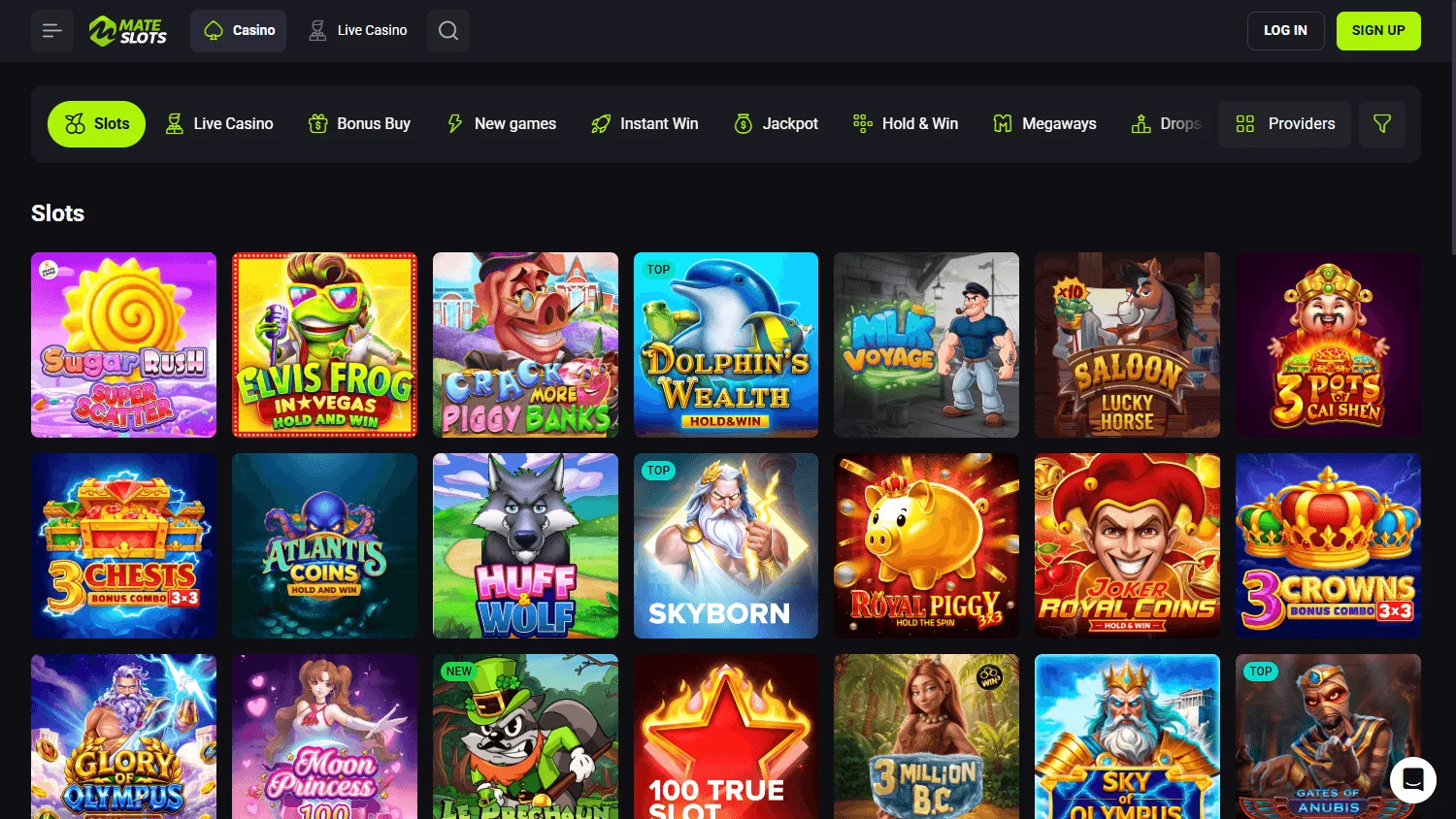Mateslots Casino desktop view of casino game categories