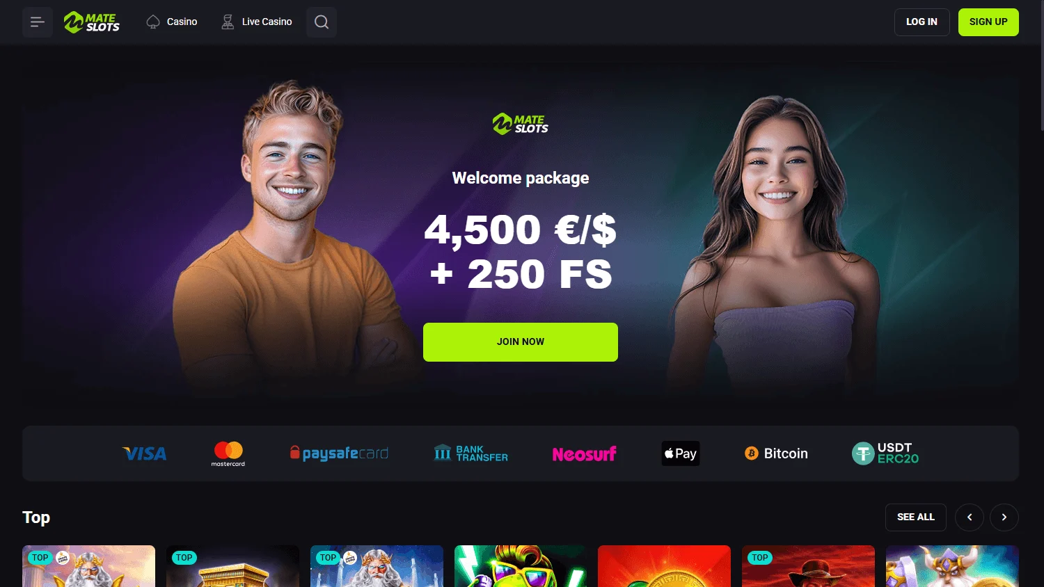 Mateslots Casino desktop games lobby with casino titles